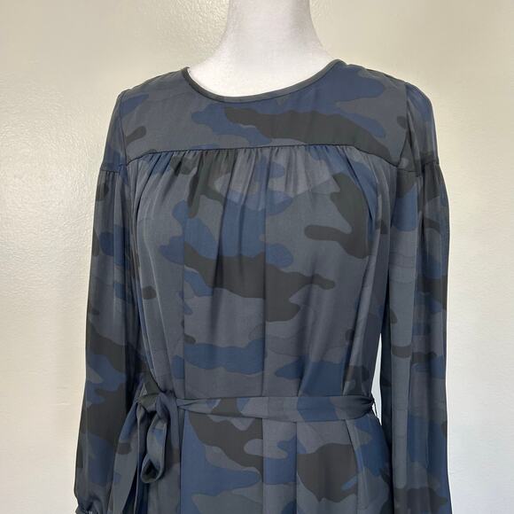 NWT Banana Republic Dress Navy Black Camo 2P Belt Sheer Flowy Long Sleeve Formal - Picture 2 of 13